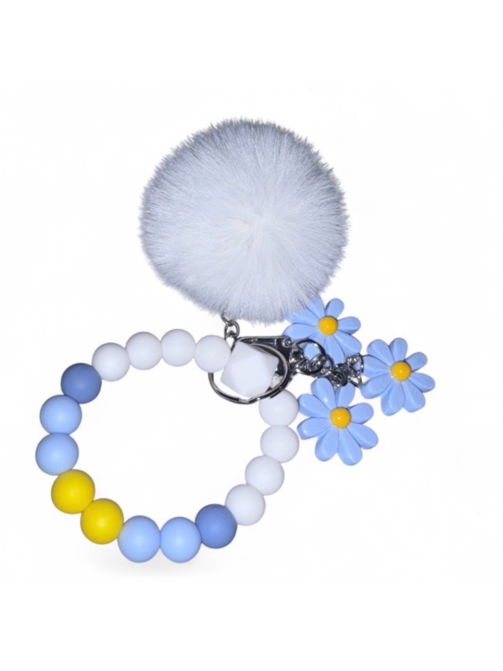 Kids Blue & White Daisy Beaded Keyring with Pom Pom